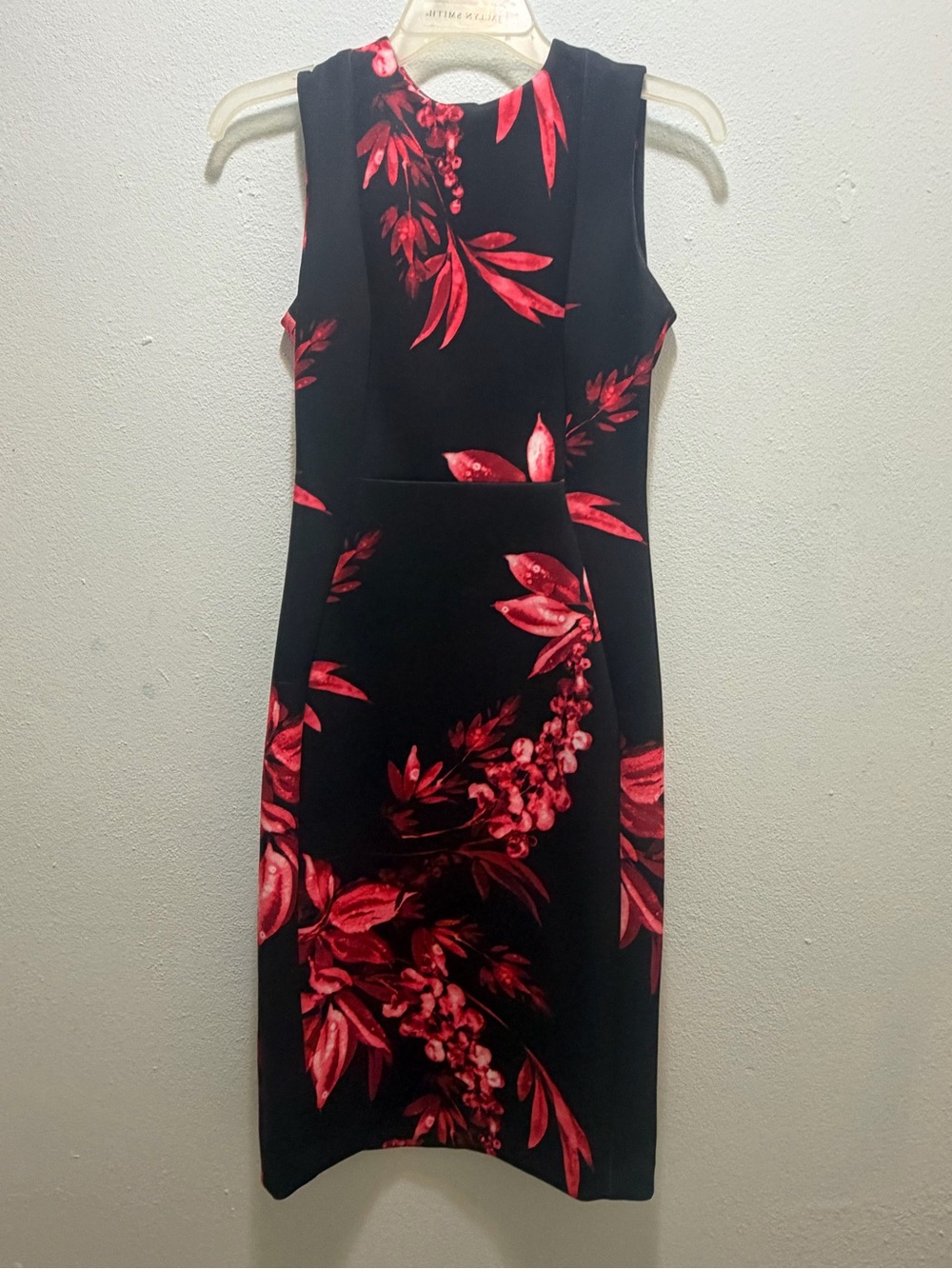 Calvin Klein Black Sleeveless Dress with Red Floral Motif